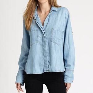 Bella Dahl Long Sleeve Button Up Split Back Chambray Shirt Blue Medium